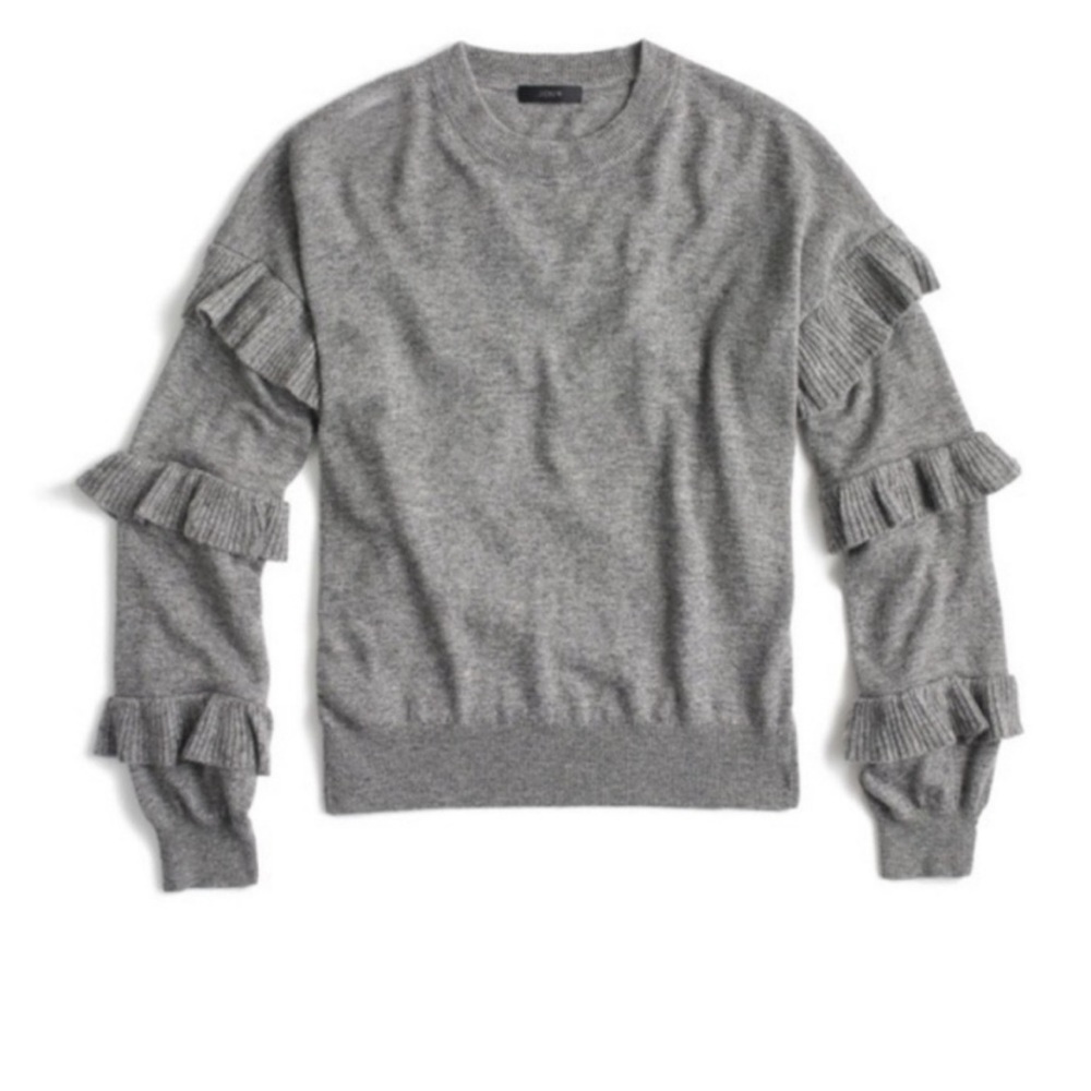 J Crew Wool Blend Gray Ruffle Sleeved Loose Fit Crew Neck Sweater Size XS‎
